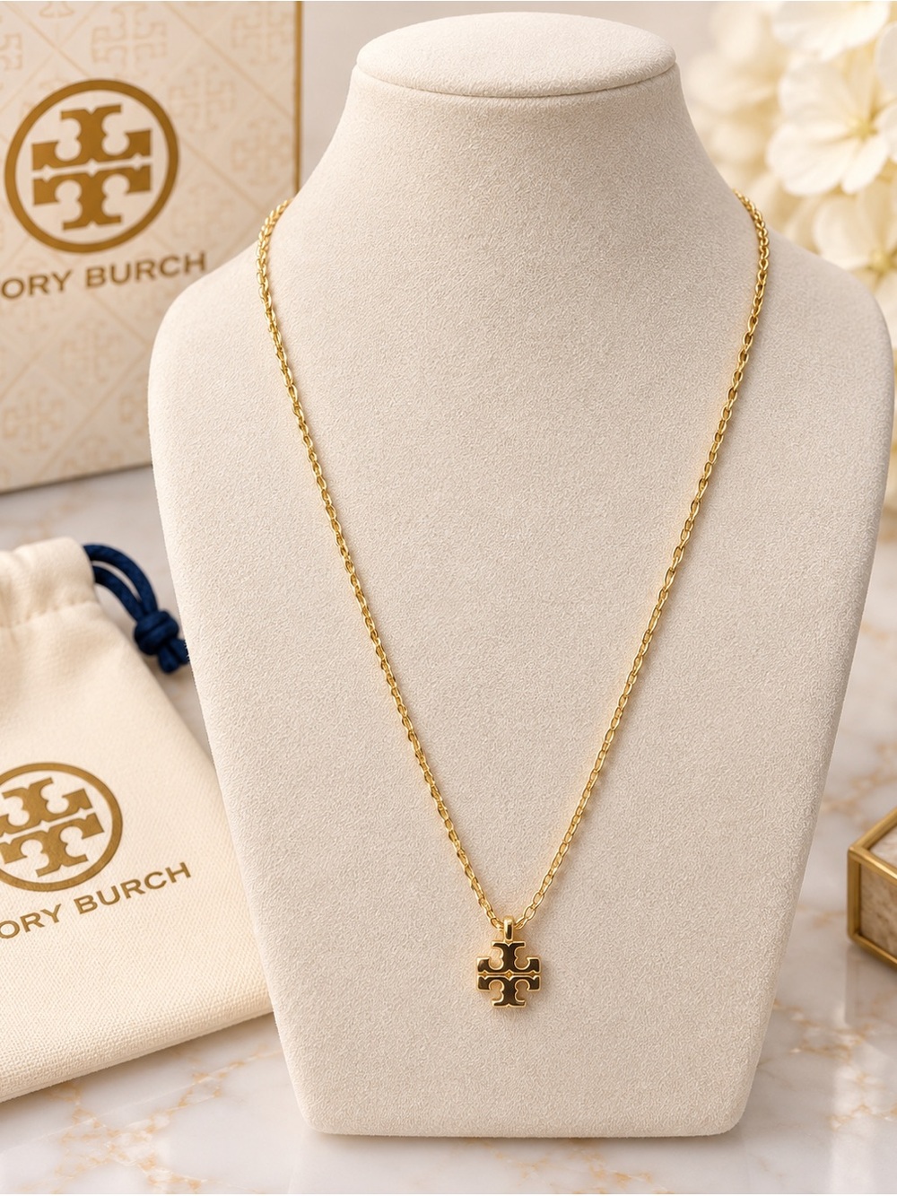 Tory Burch Gold Logo Clover Pendant Necklace
